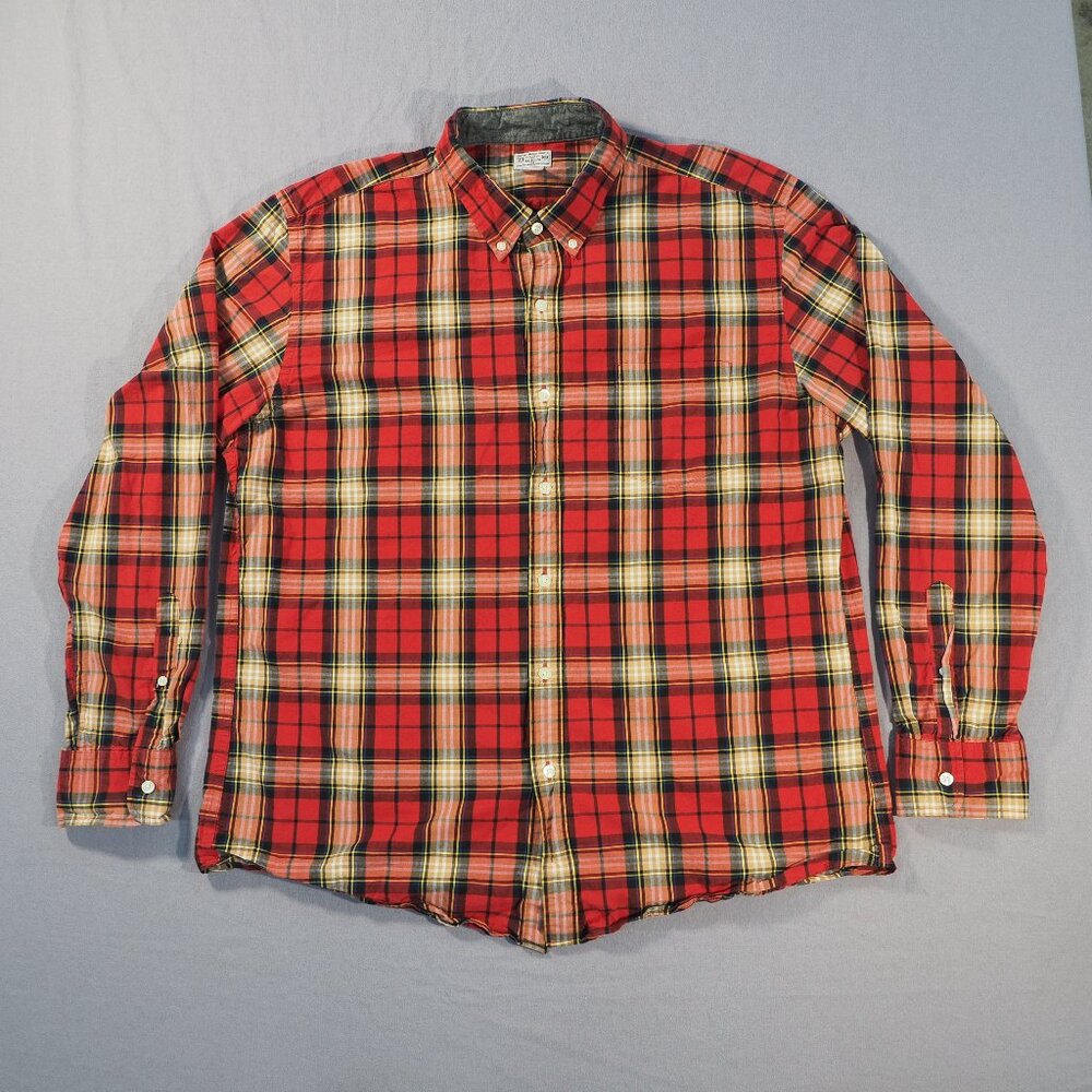 J Crew Shirt Men XXL Red Plaid Cotton Button Preppy Classic Casual Dress Western